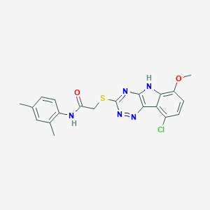 molecular formula C20H18ClN5O2S B417963 2-[(9-chloro-6-methoxy-5H-[1,2,4]triazino[5,6-b]indol-3-yl)sulfanyl]-N-(2,4-dimethylphenyl)acetamide 