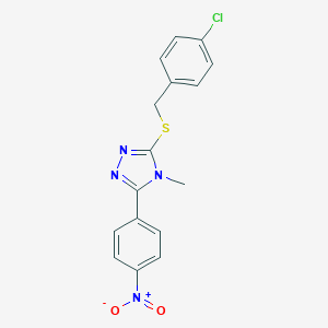 molecular formula C16H13ClN4O2S B417965 3-[(4-chlorobenzyl)sulfanyl]-5-{4-nitrophenyl}-4-methyl-4H-1,2,4-triazole 