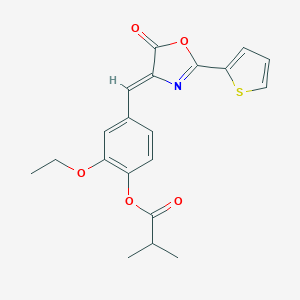 molecular formula C20H19NO5S B417985 2-ethoxy-4-[(5-oxo-2-(2-thienyl)-1,3-oxazol-4(5H)-ylidene)methyl]phenyl 2-methylpropanoate 