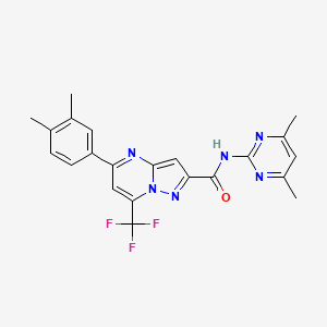 molecular formula C22H19F3N6O B4180058 5-(3,4-dimethylphenyl)-N-(4,6-dimethyl-2-pyrimidinyl)-7-(trifluoromethyl)pyrazolo[1,5-a]pyrimidine-2-carboxamide 