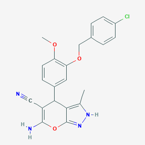 molecular formula C22H19ClN4O3 B418039 6-Amino-4-{3-[(4-chlorobenzyl)oxy]-4-methoxyphenyl}-3-methyl-1,4-dihydropyrano[2,3-c]pyrazole-5-carbonitrile CAS No. 315244-94-1