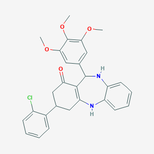 molecular formula C28H27ClN2O4 B418105 3-(2-chlorophenyl)-11-(3,4,5-trimethoxyphenyl)-2,3,4,5,10,11-hexahydro-1H-dibenzo[b,e][1,4]diazepin-1-one 