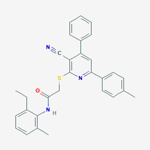 2-[3-cyano-6-(4-methylphenyl)-4-phenylpyridin-2-yl]sulfanyl-N-(2-ethyl-6-methylphenyl)acetamide