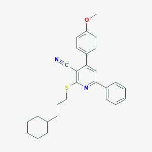 molecular formula C28H30N2OS B418232 2-((3-Cyclohexylpropyl)thio)-4-(4-methoxyphenyl)-6-phenylnicotinonitrile CAS No. 332376-47-3