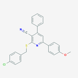 molecular formula C26H19ClN2OS B418237 2-[(4-Chlorobenzyl)sulfanyl]-6-(4-methoxyphenyl)-4-phenylnicotinonitrile 