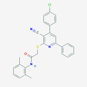 molecular formula C28H22ClN3OS B418248 2-{[4-(4-chlorophenyl)-3-cyano-6-phenyl-2-pyridinyl]sulfanyl}-N-(2,6-dimethylphenyl)acetamide 