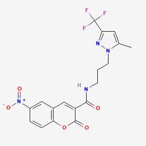 molecular formula C18H15F3N4O5 B4182653 N-{3-[5-methyl-3-(trifluoromethyl)-1H-pyrazol-1-yl]propyl}-6-nitro-2-oxo-2H-chromene-3-carboxamide 