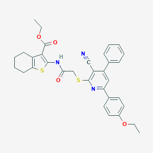 molecular formula C33H31N3O4S2 B418327 Ethyl 2-[({[3-cyano-6-(4-ethoxyphenyl)-4-phenyl-2-pyridinyl]sulfanyl}acetyl)amino]-4,5,6,7-tetrahydro-1-benzothiophene-3-carboxylate 