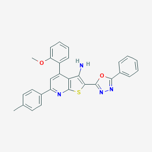 molecular formula C29H22N4O2S B418368 4-(2-Methoxyphenyl)-6-(4-methylphenyl)-2-(5-phenyl-1,3,4-oxadiazol-2-yl)thieno[2,3-b]pyridin-3-ylamine 