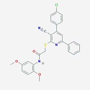 molecular formula C28H22ClN3O3S B418389 2-{[4-(4-chlorophenyl)-3-cyano-6-phenyl-2-pyridinyl]sulfanyl}-N-(2,5-dimethoxyphenyl)acetamide 