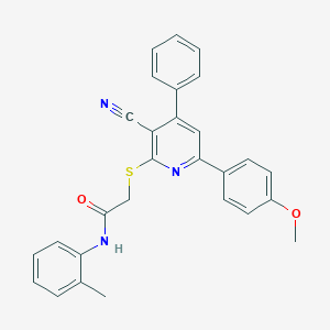 molecular formula C28H23N3O2S B418554 2-{[3-cyano-6-(4-methoxyphenyl)-4-phenyl-2-pyridinyl]sulfanyl}-N-(2-methylphenyl)acetamide 