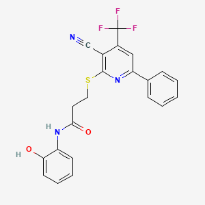 molecular formula C22H16F3N3O2S B4185813 3-{[3-cyano-6-phenyl-4-(trifluoromethyl)-2-pyridinyl]thio}-N-(2-hydroxyphenyl)propanamide 