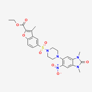 molecular formula C25H27N5O8S B4186127 ethyl 5-{[4-(1,3-dimethyl-6-nitro-2-oxo-2,3-dihydro-1H-benzimidazol-5-yl)-1-piperazinyl]sulfonyl}-3-methyl-1-benzofuran-2-carboxylate 