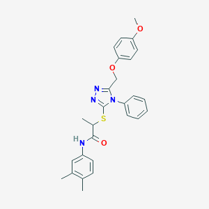 molecular formula C27H28N4O3S B418626 N-(3,4-dimethylphenyl)-2-({5-[(4-methoxyphenoxy)methyl]-4-phenyl-4H-1,2,4-triazol-3-yl}sulfanyl)propanamide 