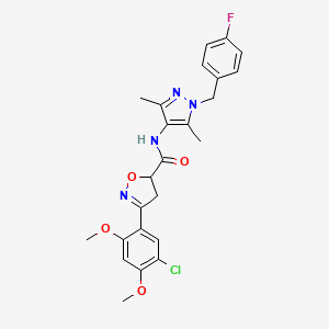 molecular formula C24H24ClFN4O4 B4186490 3-(5-chloro-2,4-dimethoxyphenyl)-N-[1-(4-fluorobenzyl)-3,5-dimethyl-1H-pyrazol-4-yl]-4,5-dihydro-5-isoxazolecarboxamide 