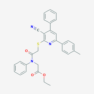 molecular formula C31H27N3O3S B418659 Ethyl [({[3-cyano-6-(4-methylphenyl)-4-phenyl-2-pyridinyl]sulfanyl}acetyl)anilino]acetate 