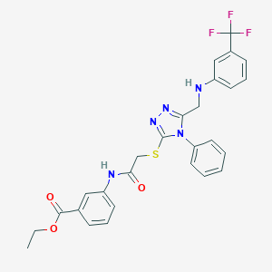 molecular formula C27H24F3N5O3S B418682 ethyl 3-({[(4-phenyl-5-{[3-(trifluoromethyl)anilino]methyl}-4H-1,2,4-triazol-3-yl)sulfanyl]acetyl}amino)benzoate 