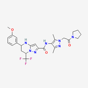 molecular formula C26H30F3N7O3 B4187148 N-{3,5-dimethyl-1-[2-oxo-2-(1-pyrrolidinyl)ethyl]-1H-pyrazol-4-yl}-5-(3-methoxyphenyl)-7-(trifluoromethyl)-4,5,6,7-tetrahydropyrazolo[1,5-a]pyrimidine-2-carboxamide 