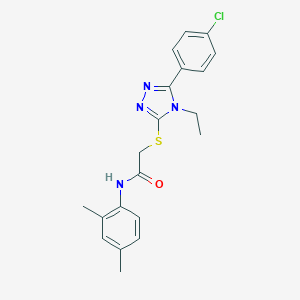 molecular formula C20H21ClN4OS B418725 2-{[5-(4-chlorophenyl)-4-ethyl-4H-1,2,4-triazol-3-yl]sulfanyl}-N-(2,4-dimethylphenyl)acetamide 