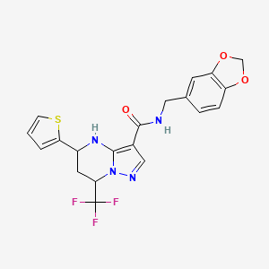 molecular formula C20H17F3N4O3S B4187393 N-(1,3-benzodioxol-5-ylmethyl)-5-(2-thienyl)-7-(trifluoromethyl)-4,5,6,7-tetrahydropyrazolo[1,5-a]pyrimidine-3-carboxamide 