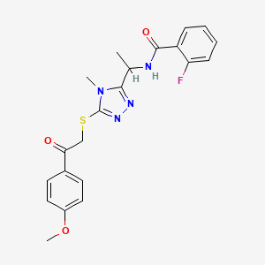 molecular formula C21H21FN4O3S B4187555 2-fluoro-N-[1-(5-{[2-(4-methoxyphenyl)-2-oxoethyl]thio}-4-methyl-4H-1,2,4-triazol-3-yl)ethyl]benzamide 