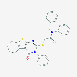 molecular formula C30H25N3O2S2 B418757 N-[1,1'-biphenyl]-2-yl-2-[(4-oxo-3-phenyl-3,4,5,6,7,8-hexahydro[1]benzothieno[2,3-d]pyrimidin-2-yl)sulfanyl]acetamide 