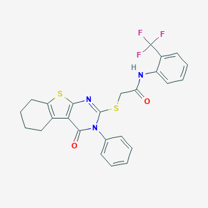 molecular formula C25H20F3N3O2S2 B418758 2-[(4-oxo-3-phenyl-3,4,5,6,7,8-hexahydro[1]benzothieno[2,3-d]pyrimidin-2-yl)sulfanyl]-N-[2-(trifluoromethyl)phenyl]acetamide 