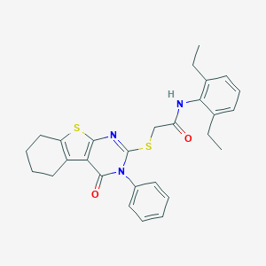 molecular formula C28H29N3O2S2 B418762 N-(2,6-diethylphenyl)-2-[(4-oxo-3-phenyl-3,4,5,6,7,8-hexahydro[1]benzothieno[2,3-d]pyrimidin-2-yl)sulfanyl]acetamide 