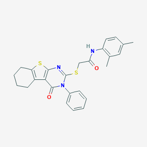 molecular formula C26H25N3O2S2 B418765 N-(2,4-dimethylphenyl)-2-[(4-oxo-3-phenyl-3,4,5,6,7,8-hexahydro[1]benzothieno[2,3-d]pyrimidin-2-yl)sulfanyl]acetamide 