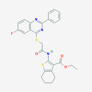 molecular formula C27H24FN3O3S2 B418769 Ethyl 2-({[(6-fluoro-2-phenyl-4-quinazolinyl)sulfanyl]acetyl}amino)-4,5,6,7-tetrahydro-1-benzothiophene-3-carboxylate 