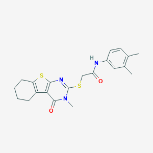 molecular formula C21H23N3O2S2 B418776 N-(3,4-dimethylphenyl)-2-[(3-methyl-4-oxo-3,4,5,6,7,8-hexahydro[1]benzothieno[2,3-d]pyrimidin-2-yl)sulfanyl]acetamide 