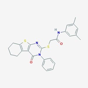 molecular formula C26H25N3O2S2 B418799 N-(3,5-dimethylphenyl)-2-[(4-oxo-3-phenyl-3,4,5,6,7,8-hexahydro[1]benzothieno[2,3-d]pyrimidin-2-yl)sulfanyl]acetamide 