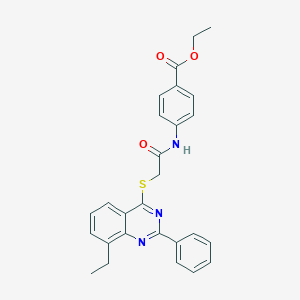 molecular formula C27H25N3O3S B418805 Ethyl 4-({[(8-ethyl-2-phenyl-4-quinazolinyl)sulfanyl]acetyl}amino)benzoate 