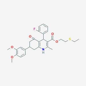 molecular formula C29H32FNO5S B418826 2-(Ethylsulfanyl)ethyl 7-(3,4-dimethoxyphenyl)-4-(2-fluorophenyl)-2-methyl-5-oxo-1,4,5,6,7,8-hexahydro-3-quinolinecarboxylate 