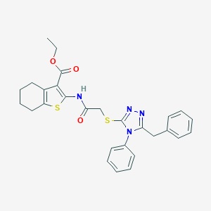 molecular formula C28H28N4O3S2 B418883 ethyl 2-({[(5-benzyl-4-phenyl-4H-1,2,4-triazol-3-yl)sulfanyl]acetyl}amino)-4,5,6,7-tetrahydro-1-benzothiophene-3-carboxylate 