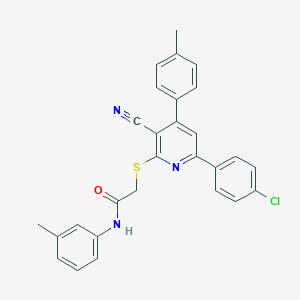 molecular formula C28H22ClN3OS B418888 2-((6-(4-Chlorophenyl)-3-cyano-4-(p-tolyl)pyridin-2-yl)thio)-N-(m-tolyl)acetamide CAS No. 444156-76-7