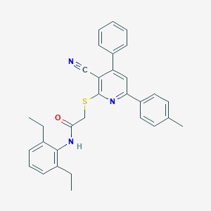 molecular formula C31H29N3OS B418900 2-{[3-cyano-6-(4-methylphenyl)-4-phenyl-2-pyridinyl]sulfanyl}-N-(2,6-diethylphenyl)acetamide 