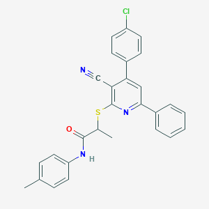 molecular formula C28H22ClN3OS B418917 2-{[4-(4-chlorophenyl)-3-cyano-6-phenyl-2-pyridinyl]sulfanyl}-N-(4-methylphenyl)propanamide 