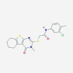 molecular formula C20H20ClN3O2S2 B418959 N-(3-chloro-4-methylphenyl)-2-[(3-methyl-4-oxo-3,4,5,6,7,8-hexahydro[1]benzothieno[2,3-d]pyrimidin-2-yl)sulfanyl]acetamide 