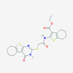 molecular formula C24H27N3O4S3 B418961 Ethyl 2-({[(3-methyl-4-oxo-3,4,5,6,7,8-hexahydro[1]benzothieno[2,3-d]pyrimidin-2-yl)sulfanyl]acetyl}amino)-4,5,6,7-tetrahydro-1-benzothiophene-3-carboxylate 