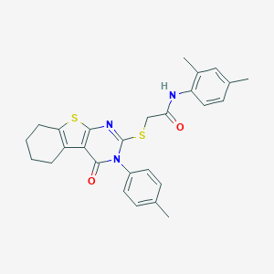 molecular formula C27H27N3O2S2 B418976 N-(2,4-dimethylphenyl)-2-{[3-(4-methylphenyl)-4-oxo-3,4,5,6,7,8-hexahydro[1]benzothieno[2,3-d]pyrimidin-2-yl]sulfanyl}acetamide 