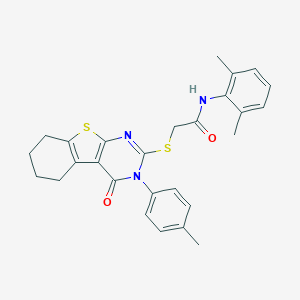 molecular formula C27H27N3O2S2 B418979 N-(2,6-dimethylphenyl)-2-{[3-(4-methylphenyl)-4-oxo-3,4,5,6,7,8-hexahydro[1]benzothieno[2,3-d]pyrimidin-2-yl]sulfanyl}acetamide CAS No. 332947-10-1