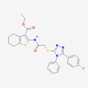 molecular formula C27H25ClN4O3S2 B418980 ethyl 2-[({[5-(4-chlorophenyl)-4-phenyl-4H-1,2,4-triazol-3-yl]sulfanyl}acetyl)amino]-4,5,6,7-tetrahydro-1-benzothiophene-3-carboxylate 