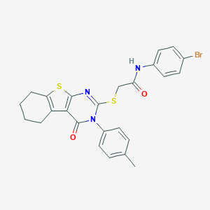 molecular formula C25H22BrN3O2S2 B418985 N-(4-bromophenyl)-2-[[3-(4-methylphenyl)-4-oxo-5,6,7,8-tetrahydro-[1]benzothiolo[2,3-d]pyrimidin-2-yl]sulfanyl]acetamide CAS No. 443740-07-6