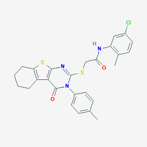 molecular formula C26H24ClN3O2S2 B418992 N-(5-chloro-2-methylphenyl)-2-[[3-(4-methylphenyl)-4-oxo-5,6,7,8-tetrahydro-[1]benzothiolo[2,3-d]pyrimidin-2-yl]sulfanyl]acetamide CAS No. 332947-25-8