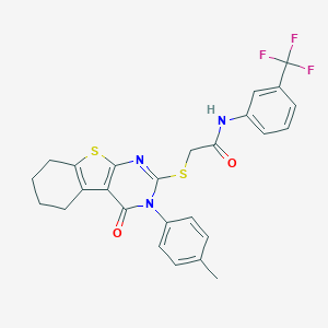 molecular formula C26H22F3N3O2S2 B418993 2-{[3-(4-methylphenyl)-4-oxo-3,4,5,6,7,8-hexahydro[1]benzothieno[2,3-d]pyrimidin-2-yl]sulfanyl}-N-[3-(trifluoromethyl)phenyl]acetamide CAS No. 443740-08-7