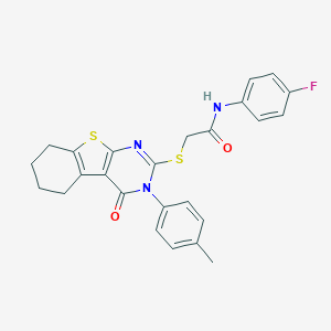 molecular formula C25H22FN3O2S2 B418995 N-(4-fluorophenyl)-2-[[3-(4-methylphenyl)-4-oxo-5,6,7,8-tetrahydro-[1]benzothiolo[2,3-d]pyrimidin-2-yl]sulfanyl]acetamide CAS No. 332947-28-1