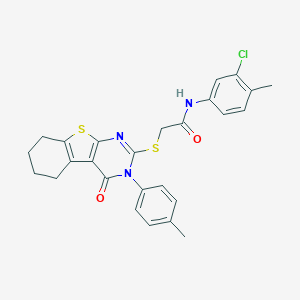 molecular formula C26H24ClN3O2S2 B418996 N-(3-chloro-4-methylphenyl)-2-[[3-(4-methylphenyl)-4-oxo-5,6,7,8-tetrahydro-[1]benzothiolo[2,3-d]pyrimidin-2-yl]sulfanyl]acetamide CAS No. 443740-09-8