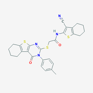 molecular formula C28H26N4O2S3 B418999 N-(3-cyano-4,5,6,7-tetrahydro-1-benzothien-2-yl)-2-{[3-(4-methylphenyl)-4-oxo-3,4,5,6,7,8-hexahydro[1]benzothieno[2,3-d]pyrimidin-2-yl]sulfanyl}acetamide 