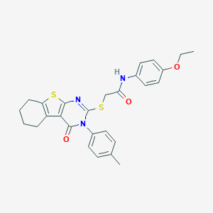molecular formula C27H27N3O3S2 B419000 N-(4-ethoxyphenyl)-2-[[3-(4-methylphenyl)-4-oxo-5,6,7,8-tetrahydro-[1]benzothiolo[2,3-d]pyrimidin-2-yl]sulfanyl]acetamide CAS No. 332947-21-4